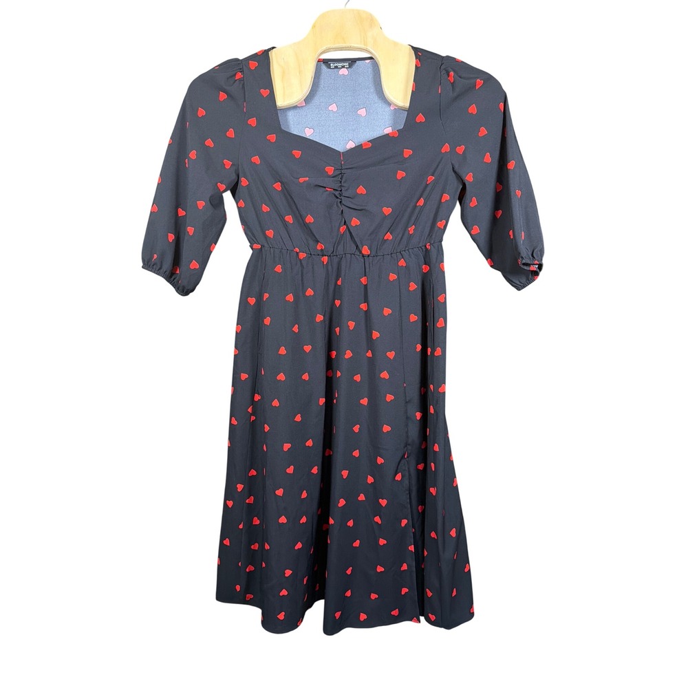 BloomChic Dress Womens 10 Heart Print Black Red Sweetheart Neck 3/4 Sleeve